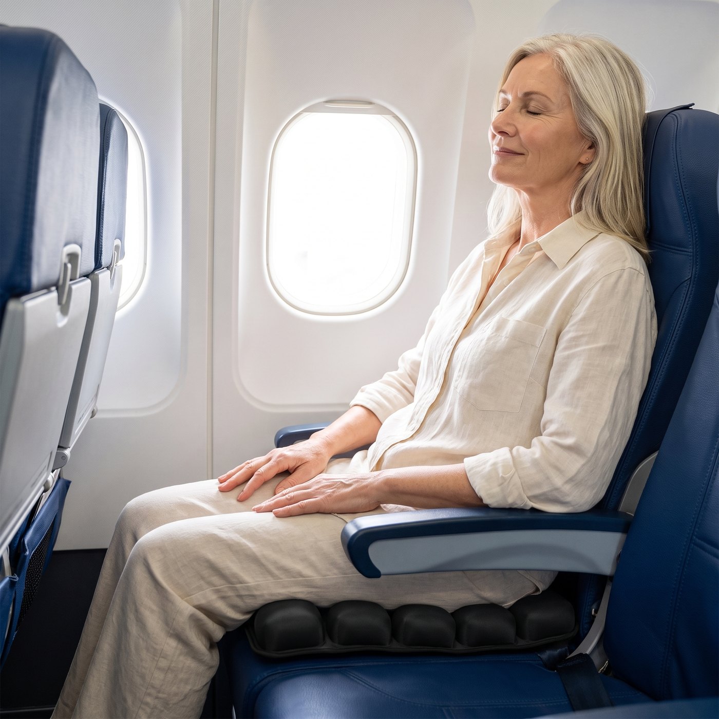 Traveler seated on the Blissit cushion in an economy seat